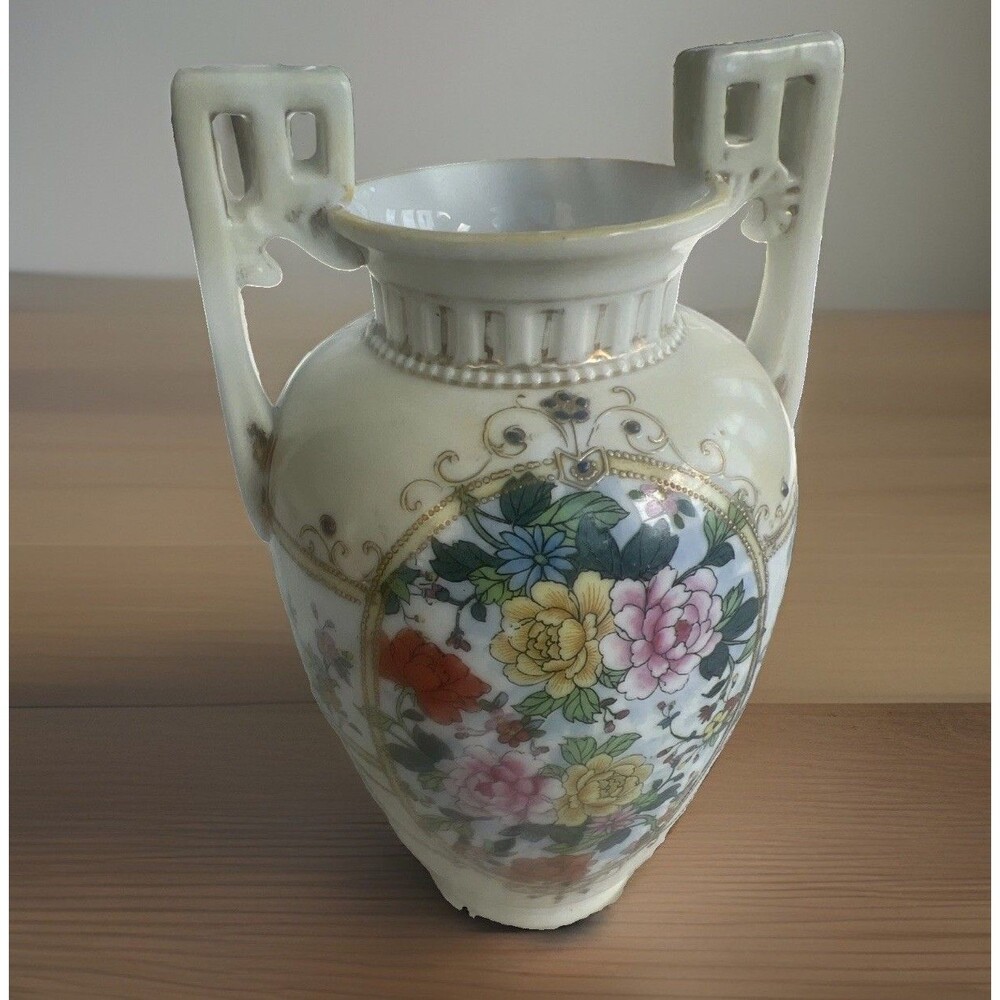 Antique Nippon Hand Painted Porcelain Vase Floral Gold Moriage Handles